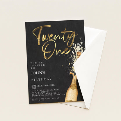 The image is a birthday invitation for John's twenty-one birthday party.