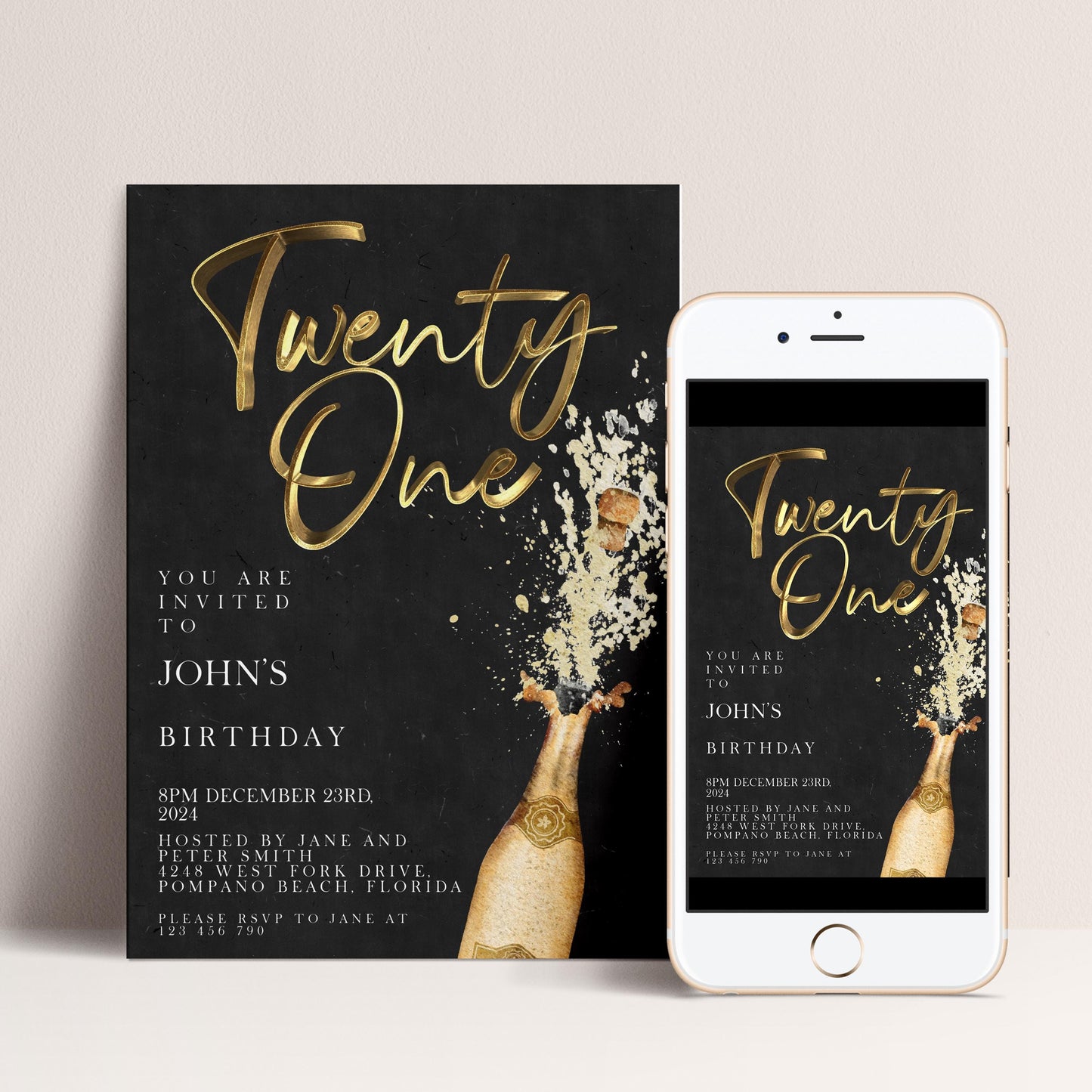 The image is a birthday party invitation for John's twenty-one birthday. It features a black background with gold text and illustrations of champagne bottles and a champagne glass. The invitation is for a party on December 23rd, hosted by Jane and Peter West, located at 1231 WEST FORK, FLORIDA. The invitation invites guests to "Please RSVP to Jane at 1231-456-950" and provides a phone number for further inquiries.