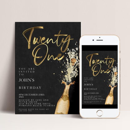 The image is a birthday party invitation for John's twenty-one birthday. It features a black background with gold text and illustrations of champagne bottles and a champagne glass. The invitation is for a party on December 23rd, hosted by Jane and Peter West, located at 1231 WEST FORK, FLORIDA. The invitation invites guests to "Please RSVP to Jane at 1231-456-950" and provides a phone number for further inquiries.