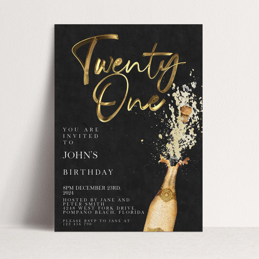 The image is a birthday party invitation for John's twenty-one birthday.