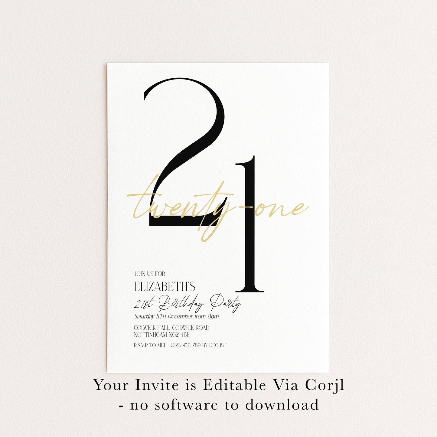 21st Birthday Invitation Woman, White Gold 21st Party Invite, Elegant Milestone Birthday Invite, Editable Corjl Template