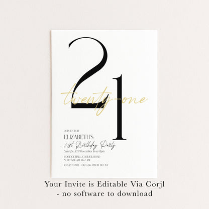 21st Birthday Invitation Woman, White Gold 21st Party Invite, Elegant Milestone Birthday Invite, Editable Corjl Template