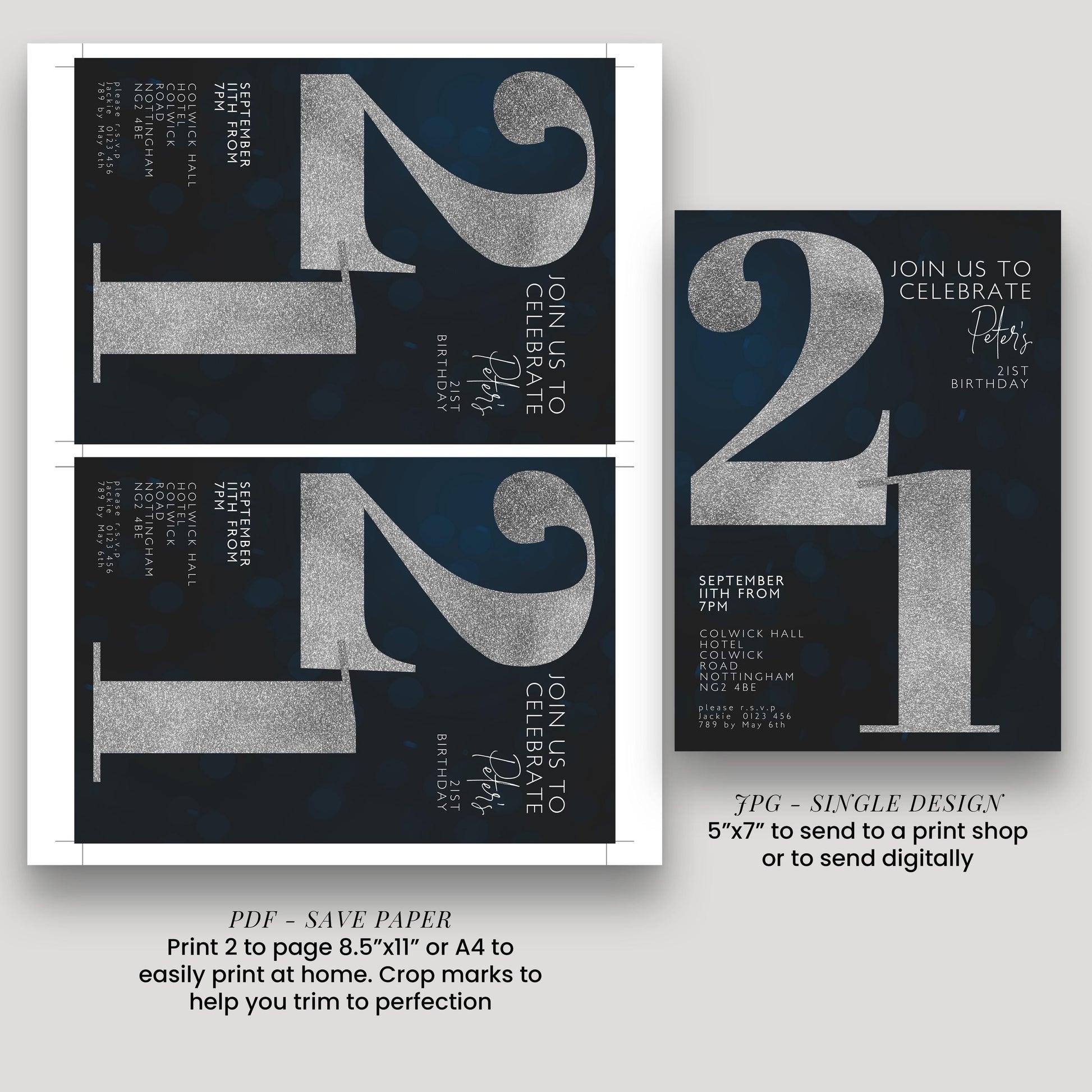 21st Birthday Invitation for Men Black Silver Editable Twenty One For Him Boys Men Template Corjl Instant Download