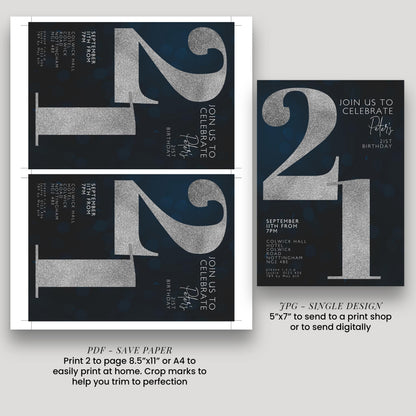 21st Birthday Invitation for Men Black Silver Editable Twenty One For Him Boys Men Template Corjl Instant Download