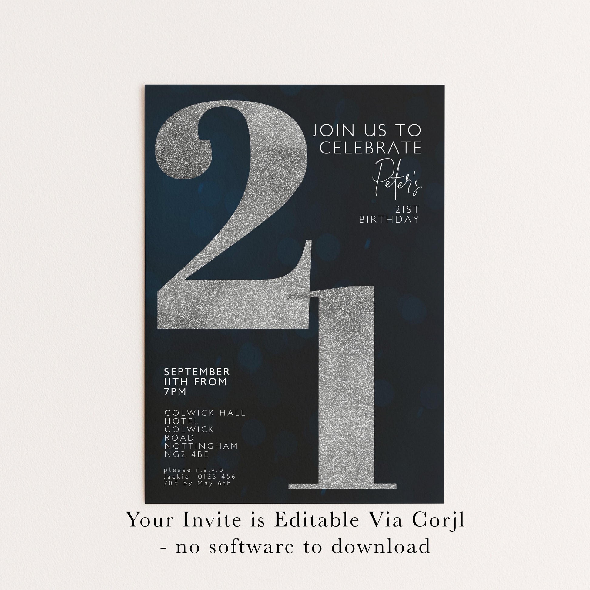21st Birthday Invitation for Men Black Silver Editable Twenty One For Him Boys Men Template Corjl Instant Download
