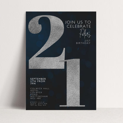 21st Birthday Invitation for Men Black Silver Editable Twenty One For Him Boys Men Template Corjl Instant Download