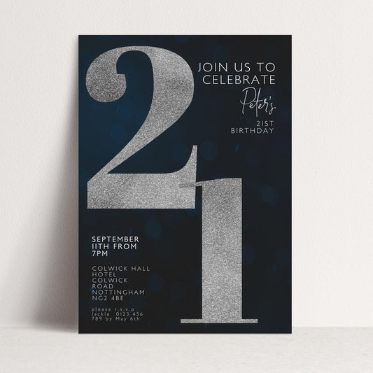 21st Birthday Invitation for Men Black Silver Editable Twenty One For Him Boys Men Template Corjl Instant Download