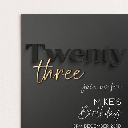 Editable 23rd Birthday Invitation Black and Gold, Modern Twenty Three Invite, Corjl Template, Elegant Birthday Party Invitation for Him BG78
