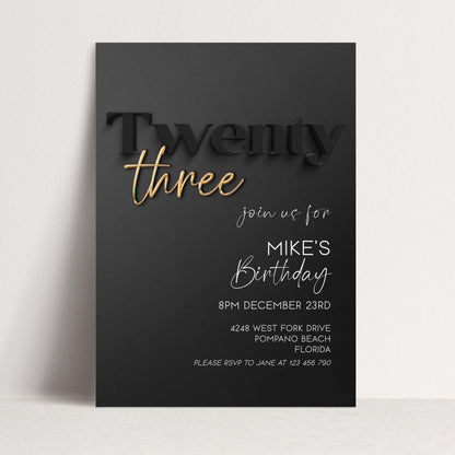 Editable 23rd Birthday Invitation Black and Gold, Modern Twenty Three Invite, Corjl Template, Elegant Birthday Party Invitation for Him BG78