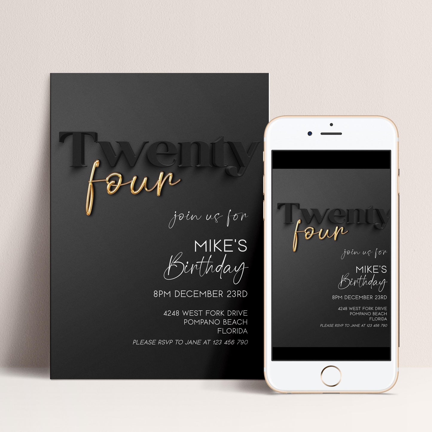 Editable 24th Birthday Invitation Black and Gold, Modern Twenty Four Invite, Corjl Template, Elegant Birthday Party Invitation for Him BG78