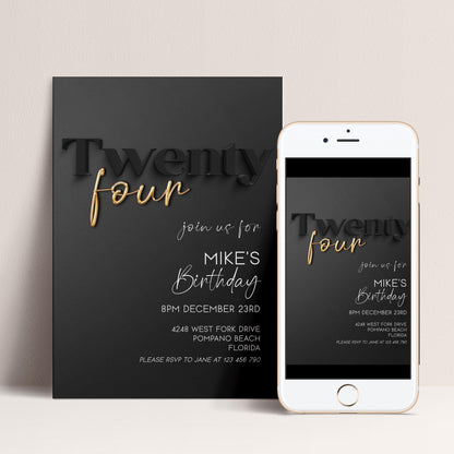 Editable 24th Birthday Invitation Black and Gold, Modern Twenty Four Invite, Corjl Template, Elegant Birthday Party Invitation for Him BG78