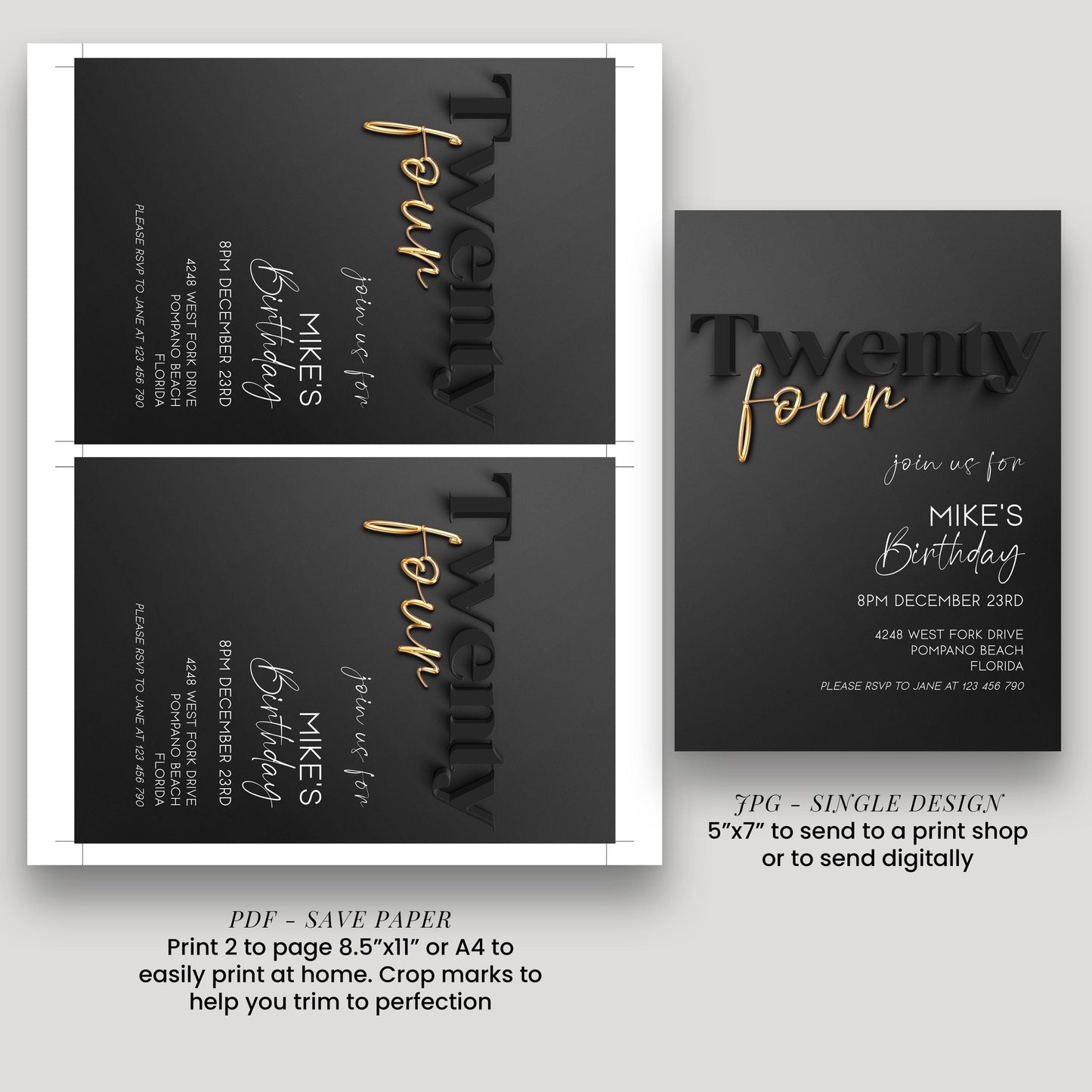 Editable 24th Birthday Invitation Black and Gold, Modern Twenty Four Invite, Corjl Template, Elegant Birthday Party Invitation for Him BG78