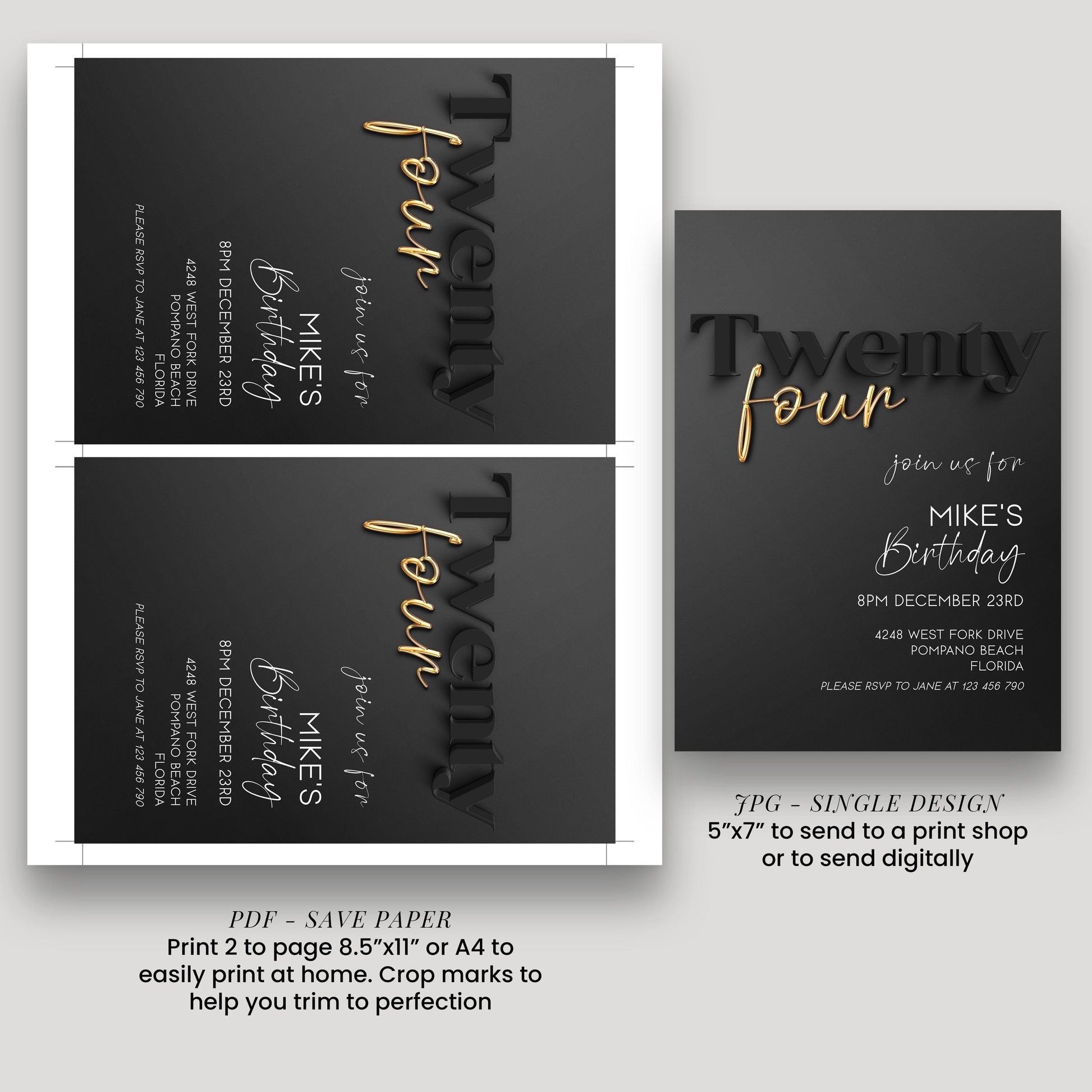 Editable 24th Birthday Invitation Black and Gold, Modern Twenty Four Invite, Corjl Template, Elegant Birthday Party Invitation for Him BG78