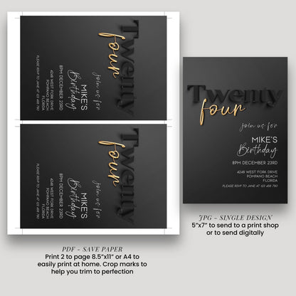 Editable 24th Birthday Invitation Black and Gold, Modern Twenty Four Invite, Corjl Template, Elegant Birthday Party Invitation for Him BG78