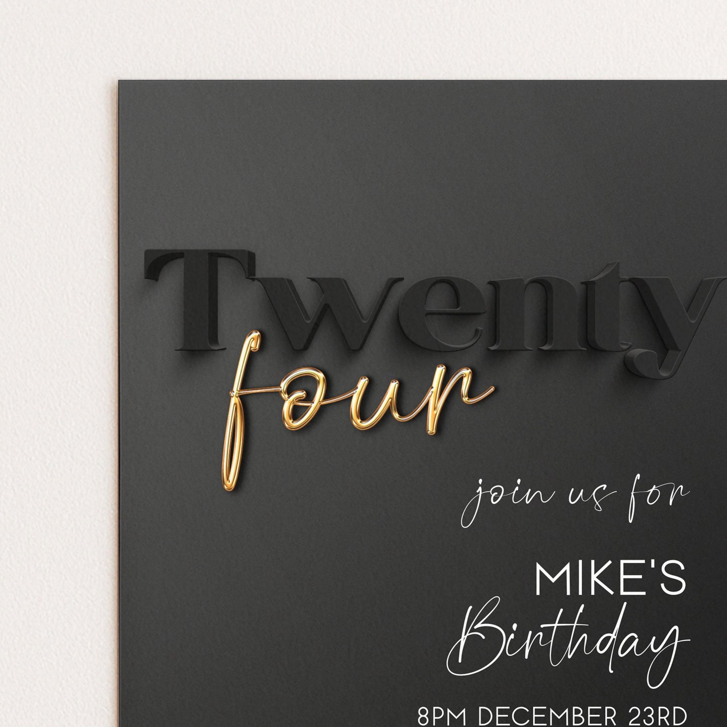 Editable 24th Birthday Invitation Black and Gold, Modern Twenty Four Invite, Corjl Template, Elegant Birthday Party Invitation for Him BG78
