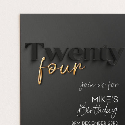 Editable 24th Birthday Invitation Black and Gold, Modern Twenty Four Invite, Corjl Template, Elegant Birthday Party Invitation for Him BG78