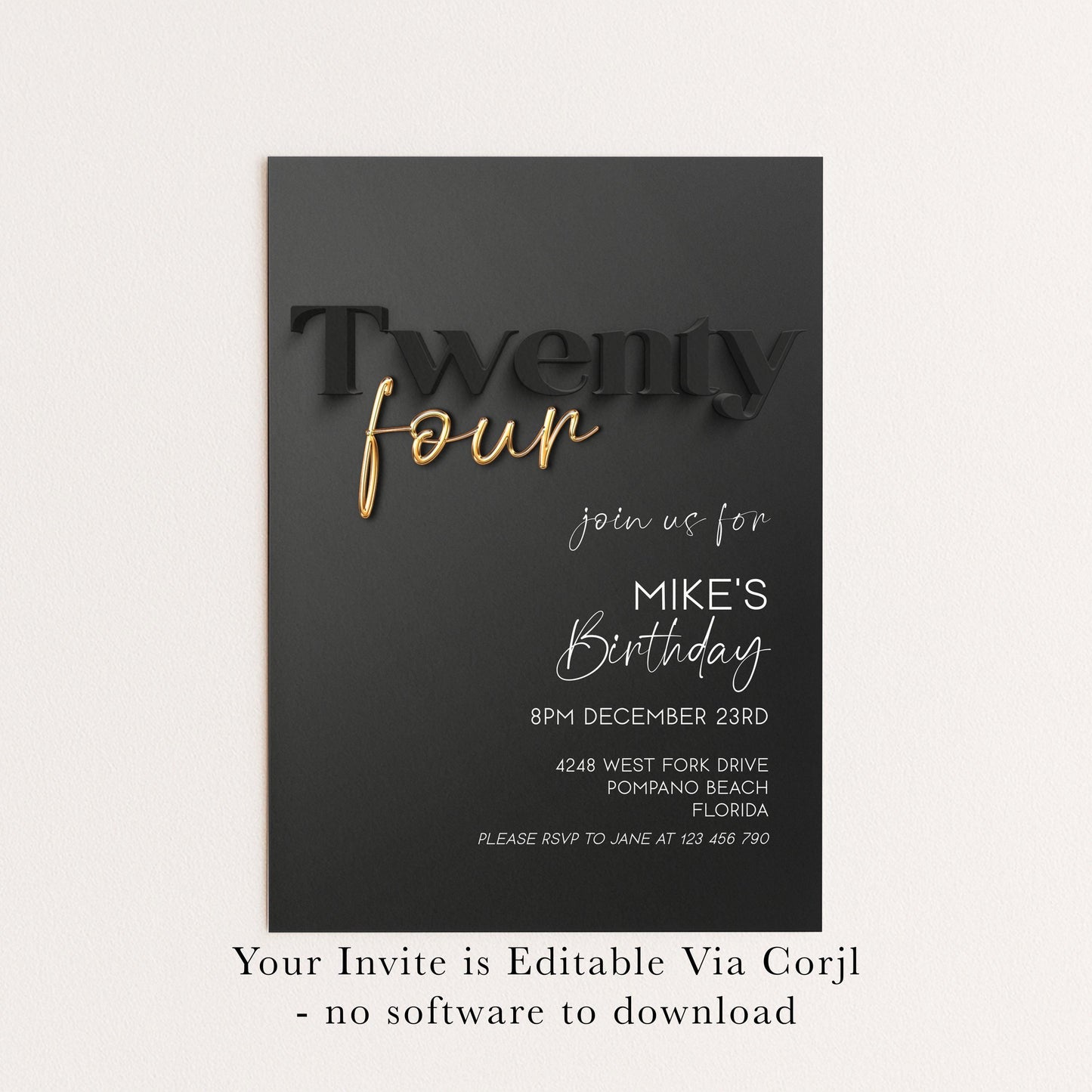 Editable 24th Birthday Invitation Black and Gold, Modern Twenty Four Invite, Corjl Template, Elegant Birthday Party Invitation for Him BG78