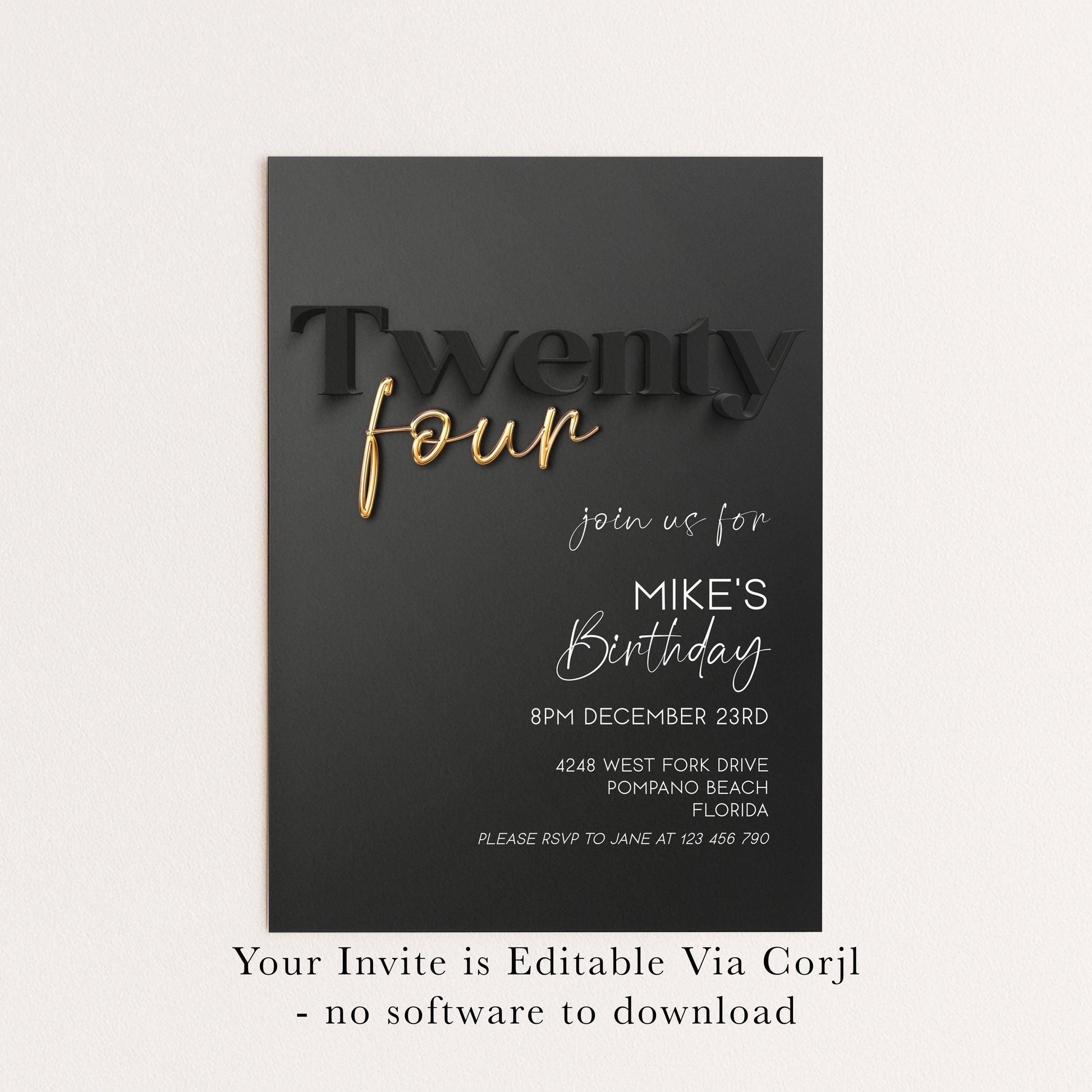 Editable 24th Birthday Invitation Black and Gold, Modern Twenty Four Invite, Corjl Template, Elegant Birthday Party Invitation for Him BG78