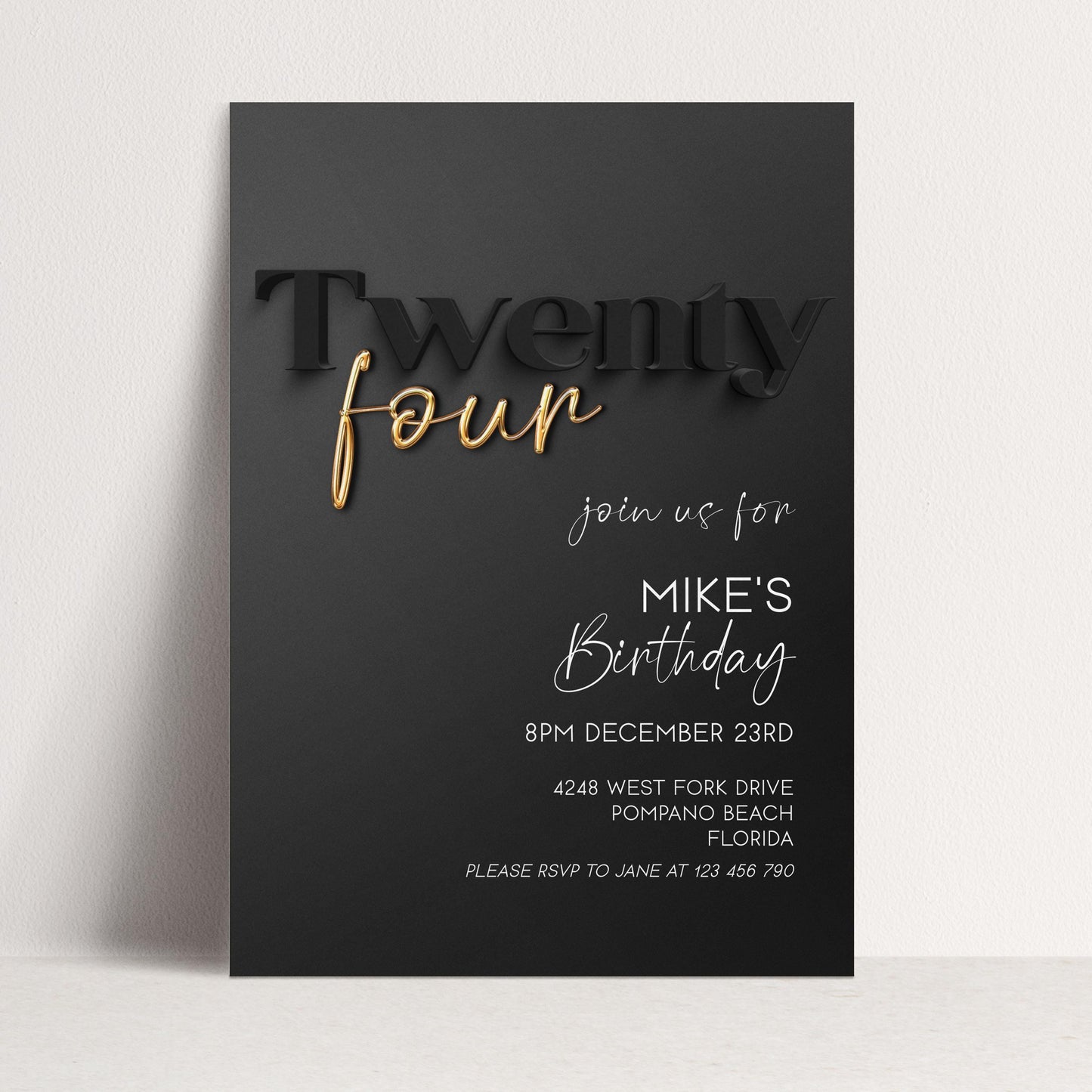 Editable 24th Birthday Invitation Black and Gold, Modern Twenty Four Invite, Corjl Template, Elegant Birthday Party Invitation for Him BG78