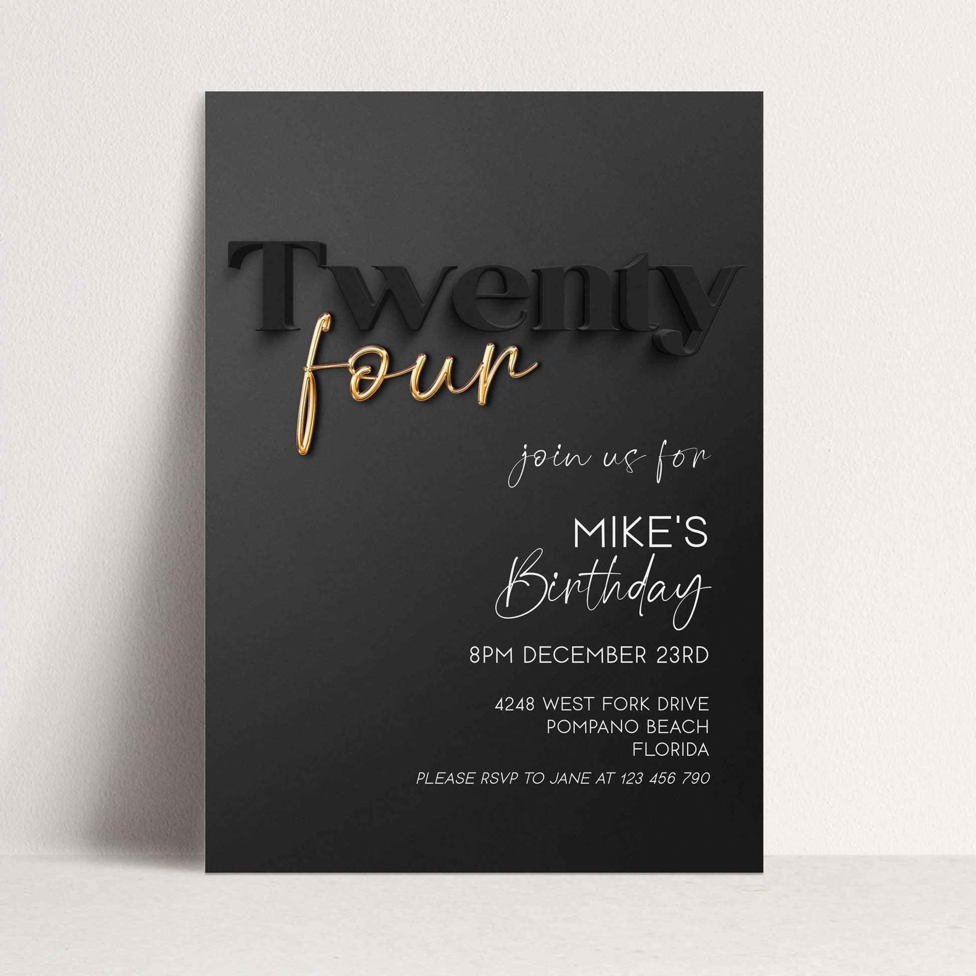 Editable 24th Birthday Invitation Black and Gold, Modern Twenty Four Invite, Corjl Template, Elegant Birthday Party Invitation for Him BG78