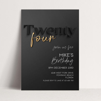 Editable 24th Birthday Invitation Black and Gold, Modern Twenty Four Invite, Corjl Template, Elegant Birthday Party Invitation for Him BG78