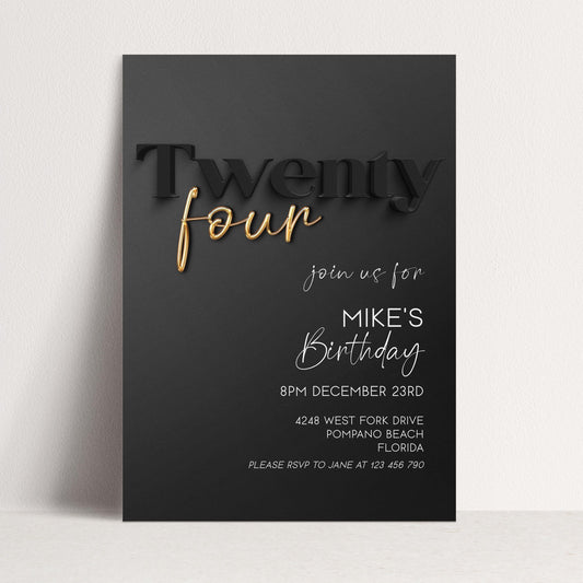 Editable 24th Birthday Invitation Black and Gold, Modern Twenty Four Invite, Corjl Template, Elegant Birthday Party Invitation for Him BG78