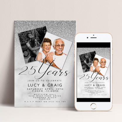 Editable 25th Anniversary Invitation Add Own Photos, Silver Glitter Corjl Template Printable 25 Years Party Invite Instant Download