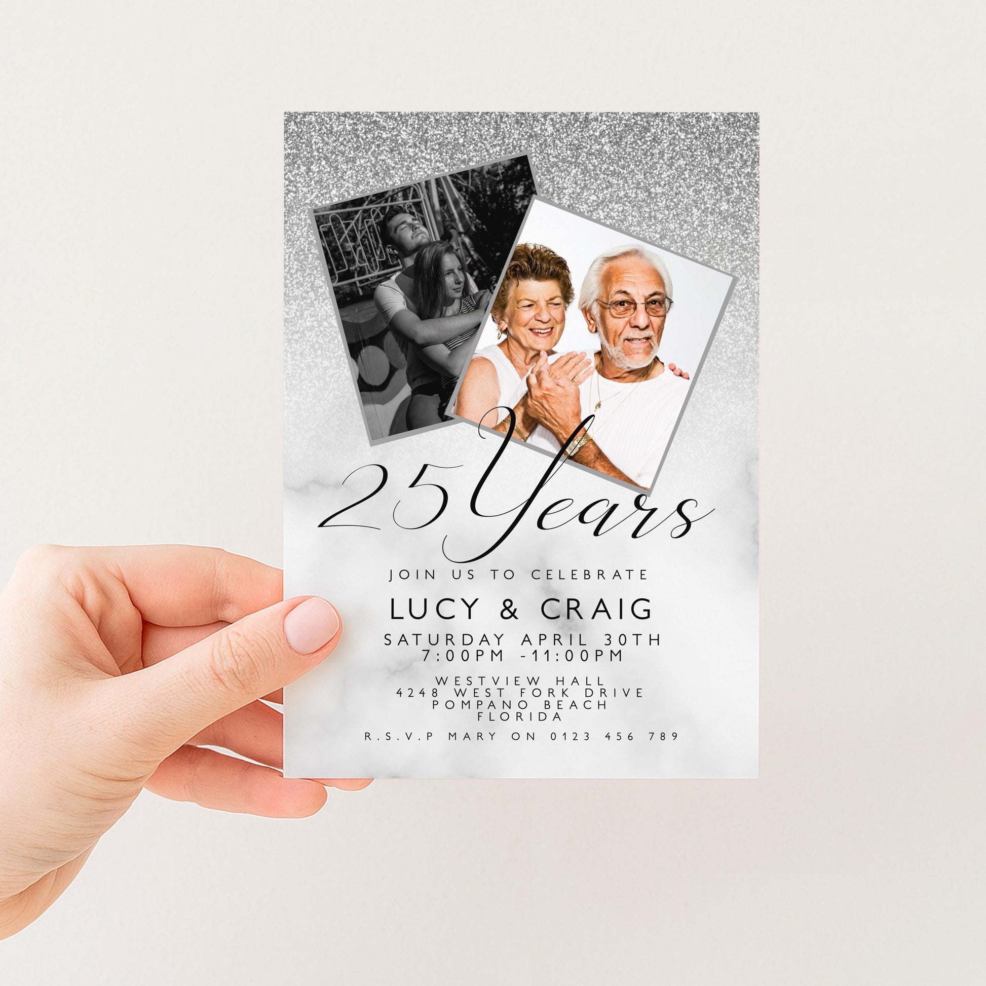 Editable 25th Anniversary Invitation Add Own Photos, Silver Glitter Corjl Template Printable 25 Years Party Invite Instant Download