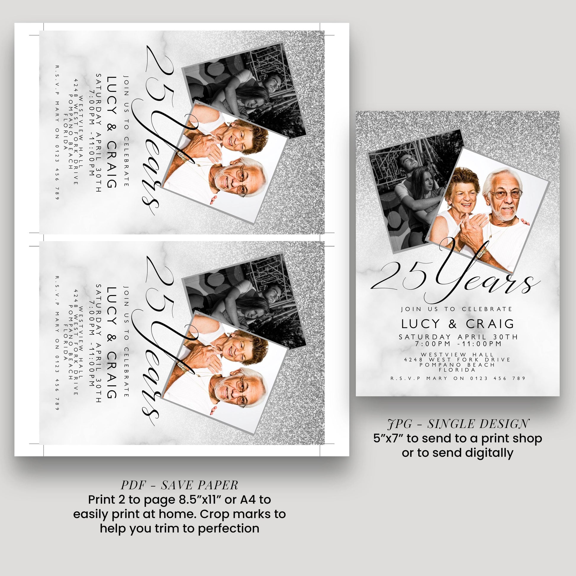 Editable 25th Anniversary Invitation Add Own Photos, Silver Glitter Corjl Template Printable 25 Years Party Invite Instant Download