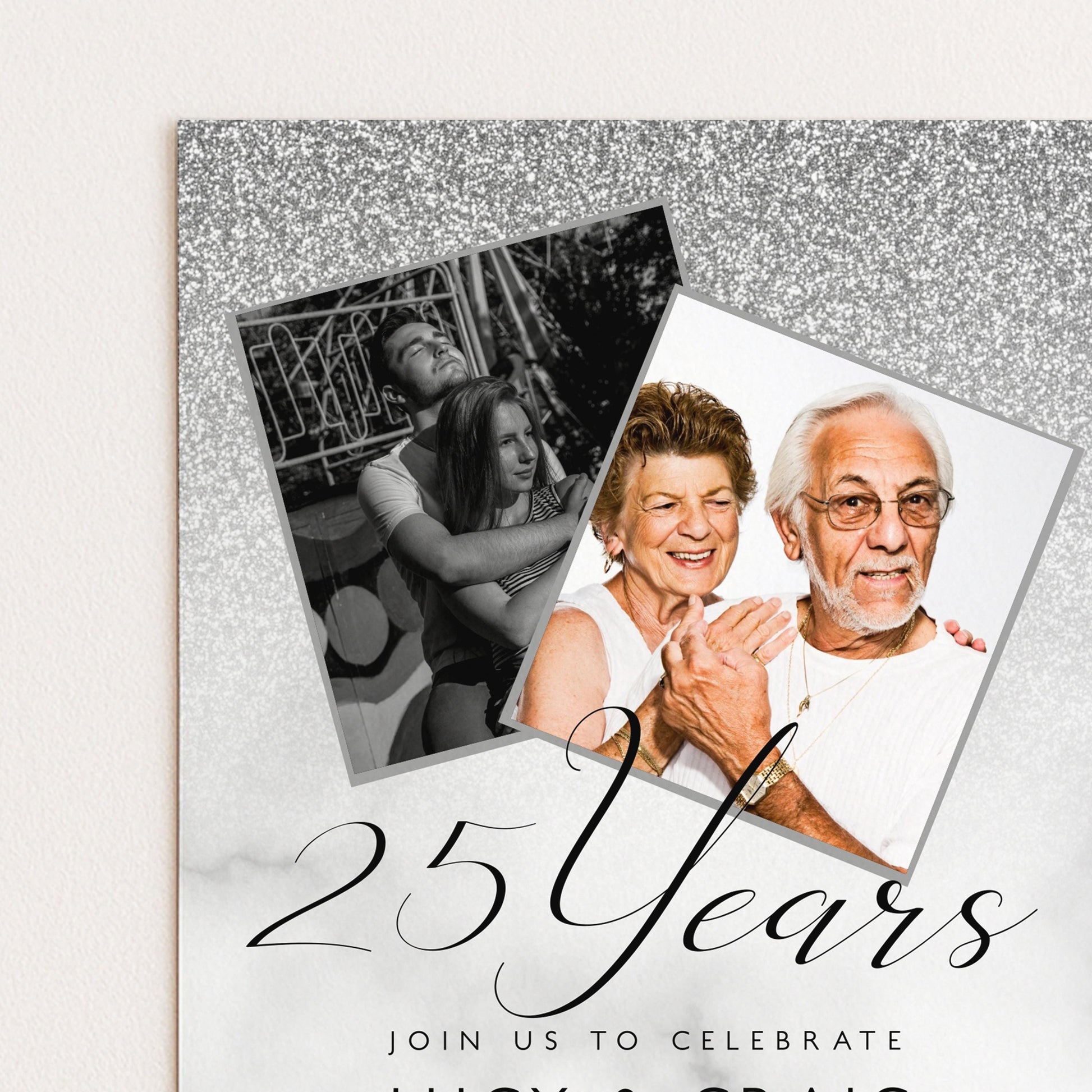 Editable 25th Anniversary Invitation Add Own Photos, Silver Glitter Corjl Template Printable 25 Years Party Invite Instant Download