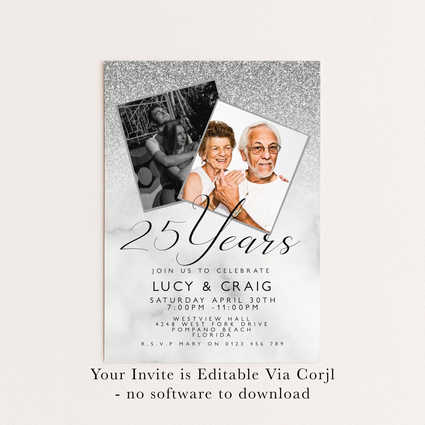 Editable 25th Anniversary Invitation Add Own Photos, Silver Glitter Corjl Template Printable 25 Years Party Invite Instant Download