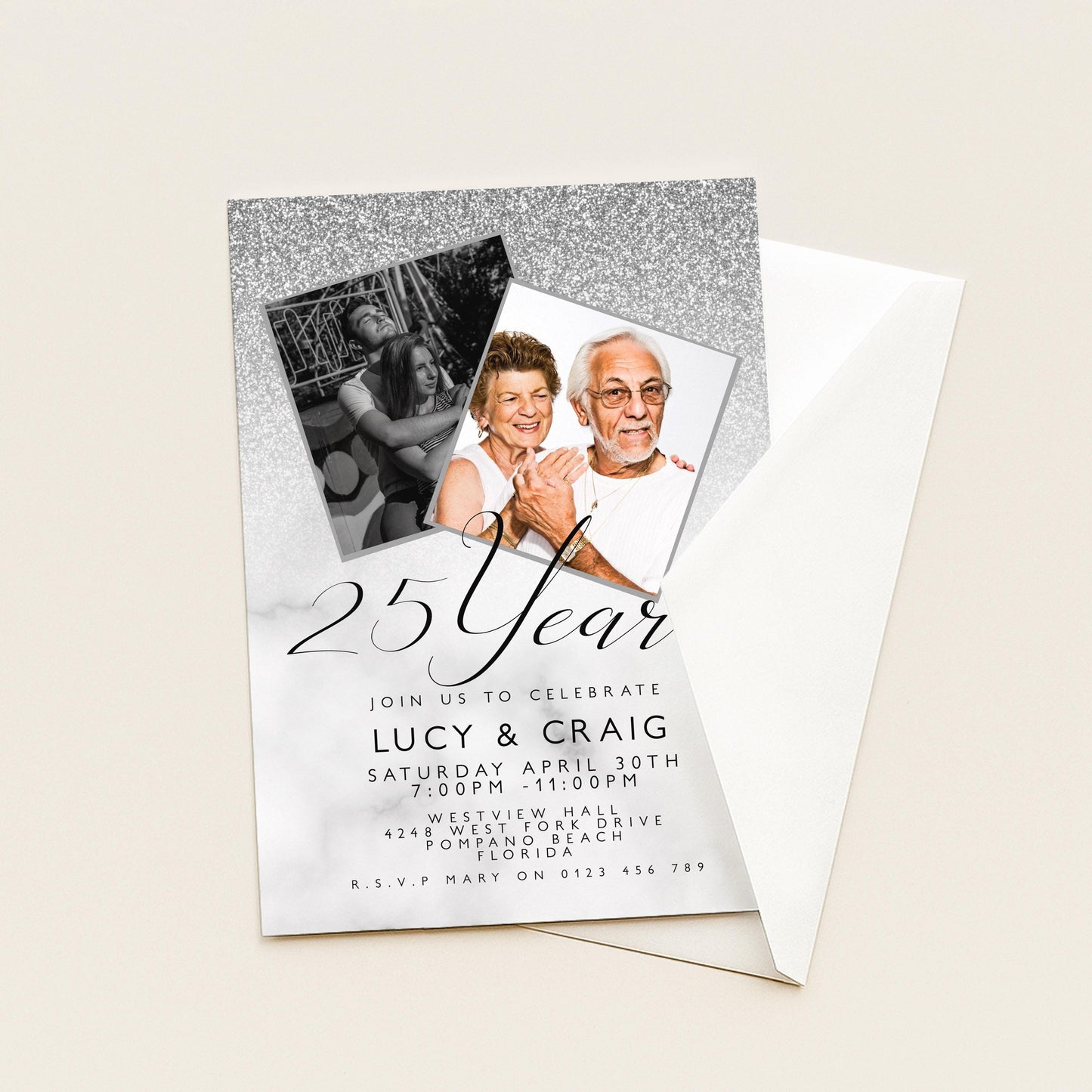 Editable 25th Anniversary Invitation Add Own Photos, Silver Glitter Corjl Template Printable 25 Years Party Invite Instant Download