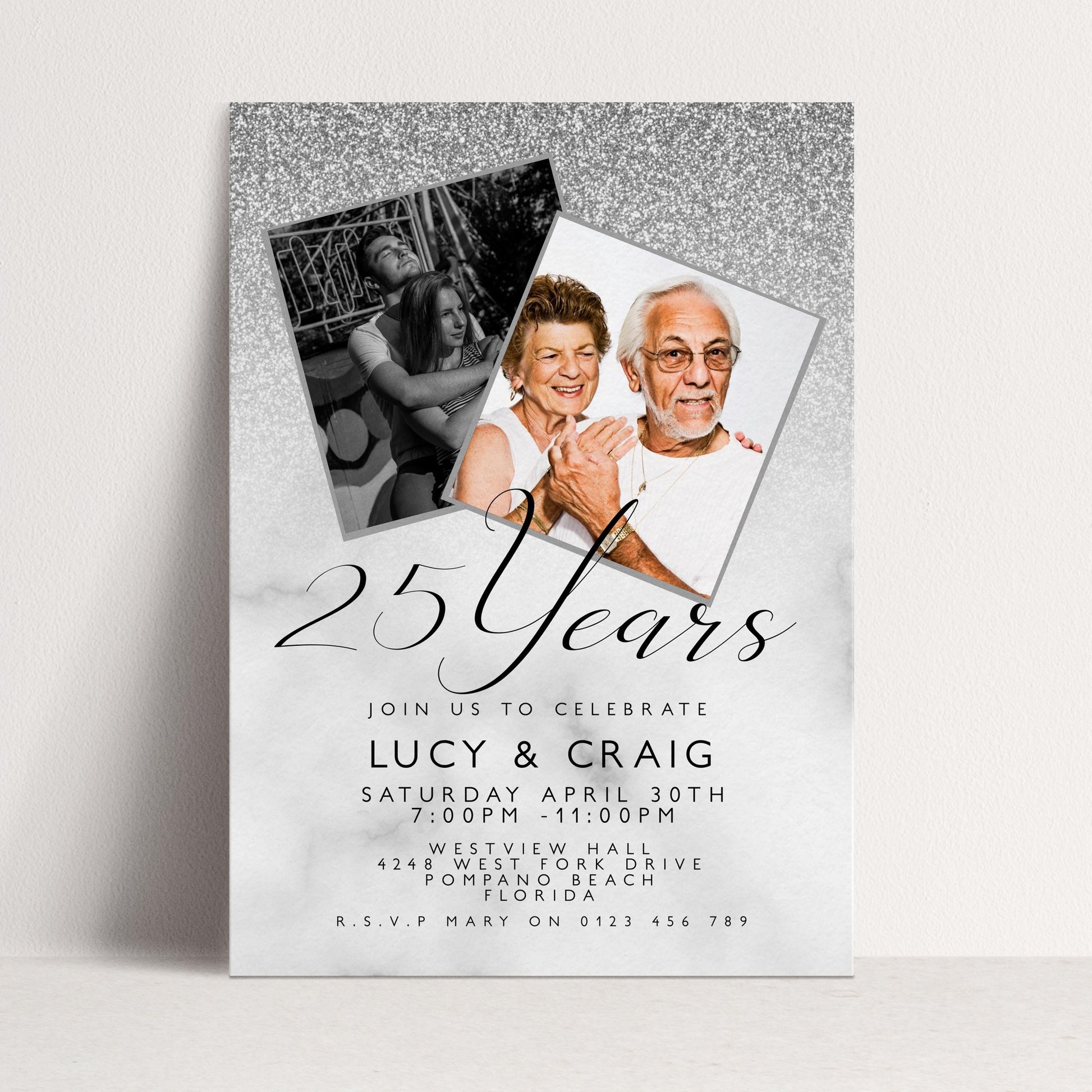 Editable 25th Anniversary Invitation Add Own Photos, Silver Glitter Corjl Template Printable 25 Years Party Invite Instant Download
