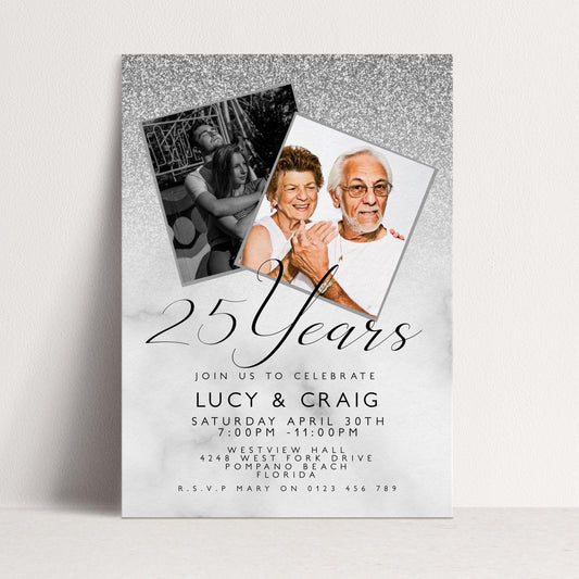 Editable 25th Anniversary Invitation Add Own Photos, Silver Glitter Corjl Template Printable 25 Years Party Invite Instant Download