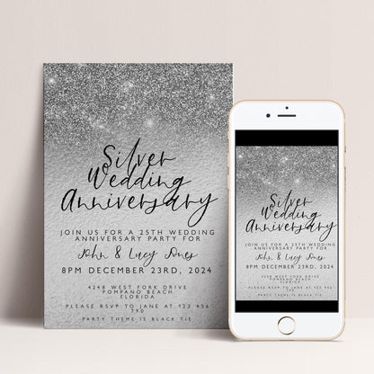 25th Anniversary Invitation 25th Wedding Anniversary Editable Invitation Template Silver Wedding Party Instant Download Printable