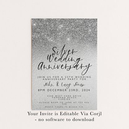 25th Anniversary Invitation 25th Wedding Anniversary Editable Invitation Template Silver Wedding Party Instant Download Printable