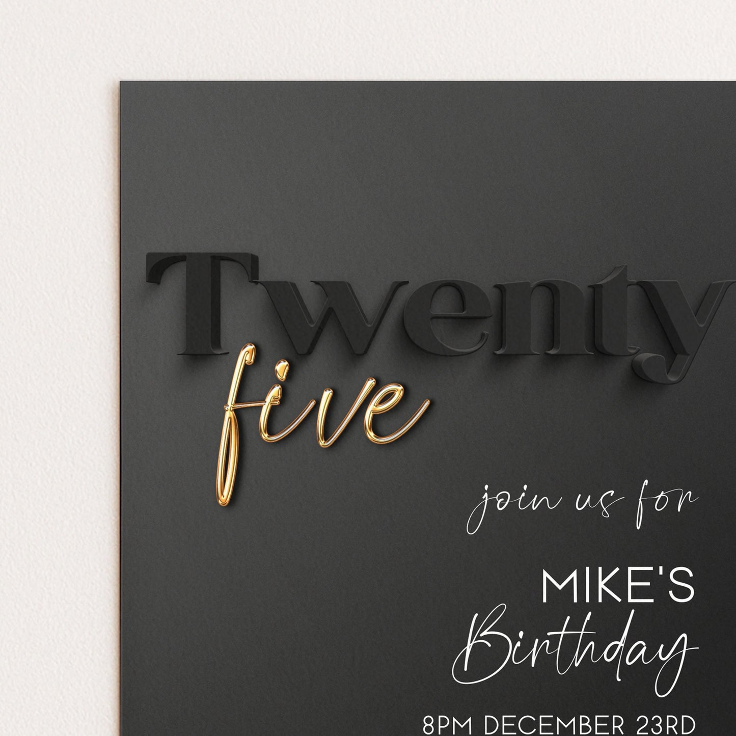 Editable 25th Birthday Invitation Black and Gold, Modern Twenty Five Invite, Corjl Template, Elegant Birthday Party Invitation for Him BG78
