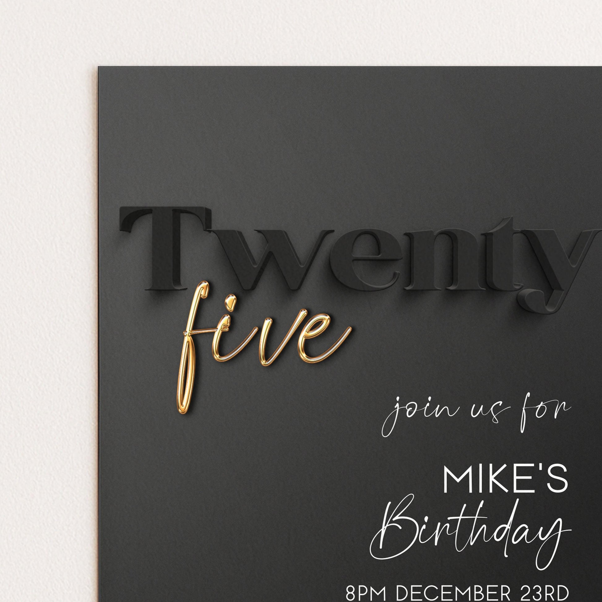 Editable 25th Birthday Invitation Black and Gold, Modern Twenty Five Invite, Corjl Template, Elegant Birthday Party Invitation for Him BG78