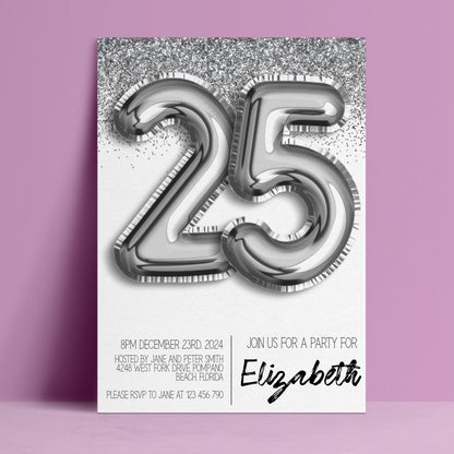Editable 25th birthday invitation with giant silver foil balloon number 25 and glitter cascade on white background — digital download template via Corjl