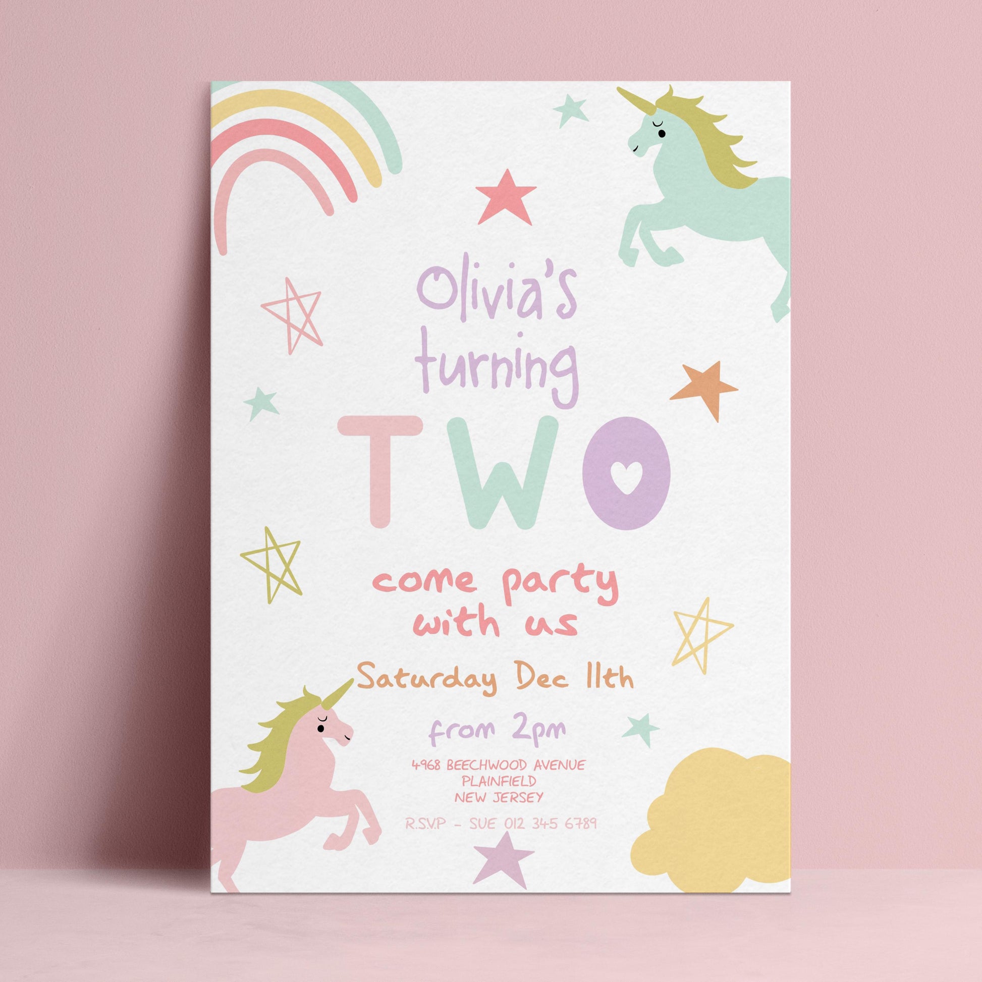 Editable 2nd birthday invitation with pastel unicorns rainbow and stars on white background — digital download template via Corjl