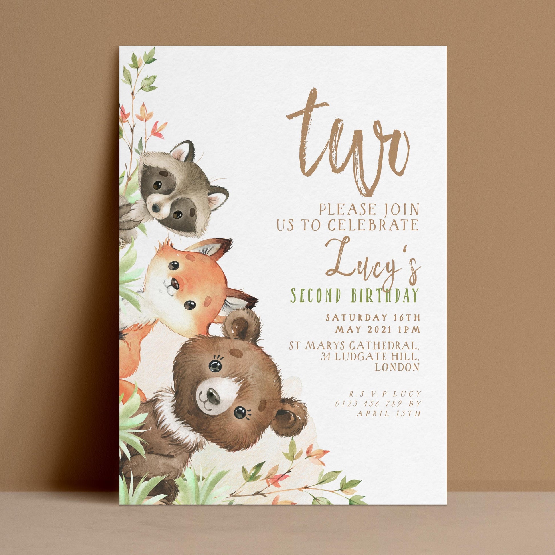 ditable 2nd birthday invitation with watercolour woodland bear fox and raccoon stacked in greenery — digital download template via Corjl
