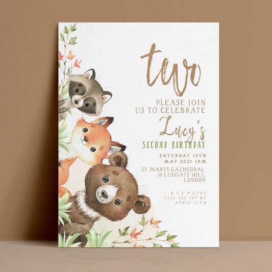 ditable 2nd birthday invitation with watercolour woodland bear fox and raccoon stacked in greenery — digital download template via Corjl

