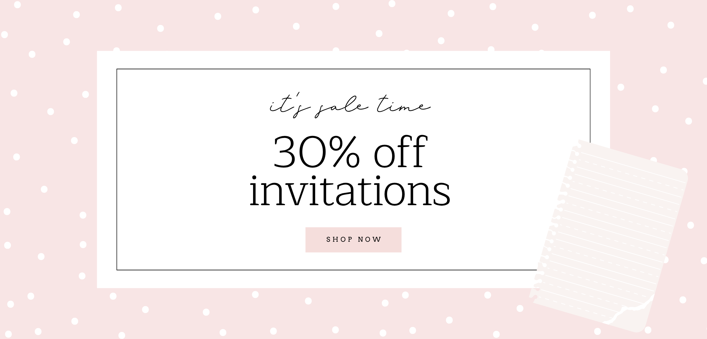 Promotional banner with '30% off invitations' text on a pink polka dot background