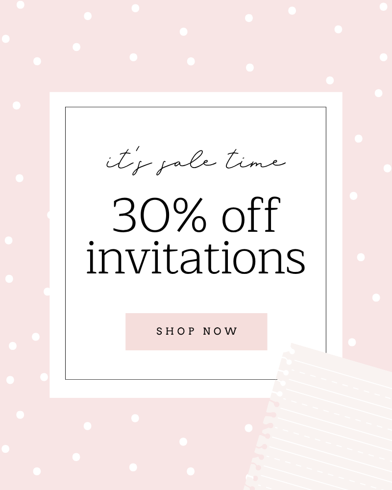 Promotional text for 30% off invitations on a pink background with white polka dots.