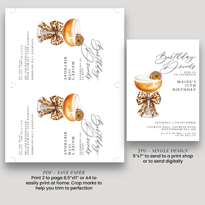 30th Birthday Drinks Invitation, Cocktail Party Invite, Leopard Bow Birthday Invite, Glam 30th Birthday, Editable Corjl