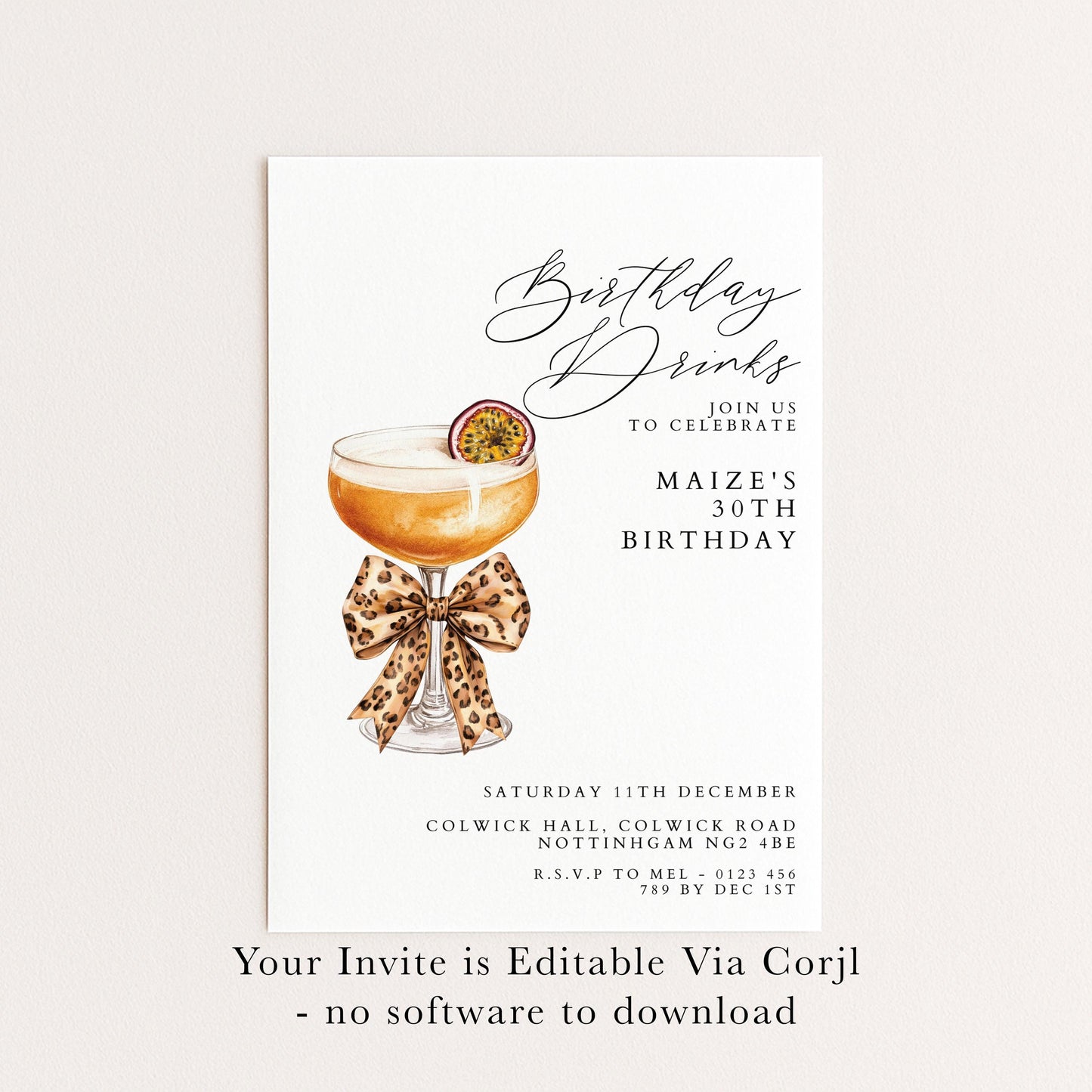 30th Birthday Drinks Invitation, Cocktail Party Invite, Leopard Bow Birthday Invite, Glam 30th Birthday, Editable Corjl
