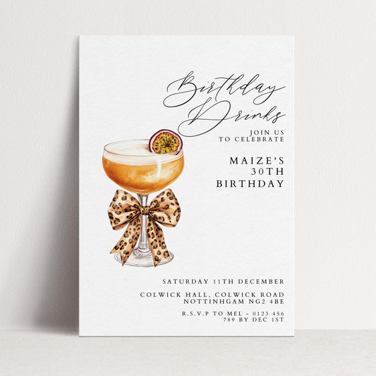 30th Birthday Drinks Invitation, Cocktail Party Invite, Leopard Bow Birthday Invite, Glam 30th Birthday, Editable Corjl