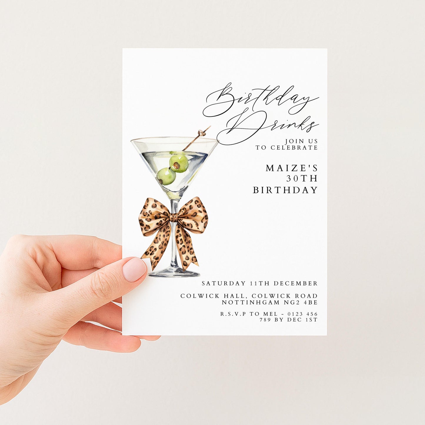 30th Birthday Drinks Invitation, Martini Party Invite, Leopard Bow Birthday Invite, Glam 30th Birthday Party, Editable Corjl