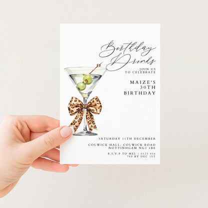 30th Birthday Drinks Invitation, Martini Party Invite, Leopard Bow Birthday Invite, Glam 30th Birthday Party, Editable Corjl