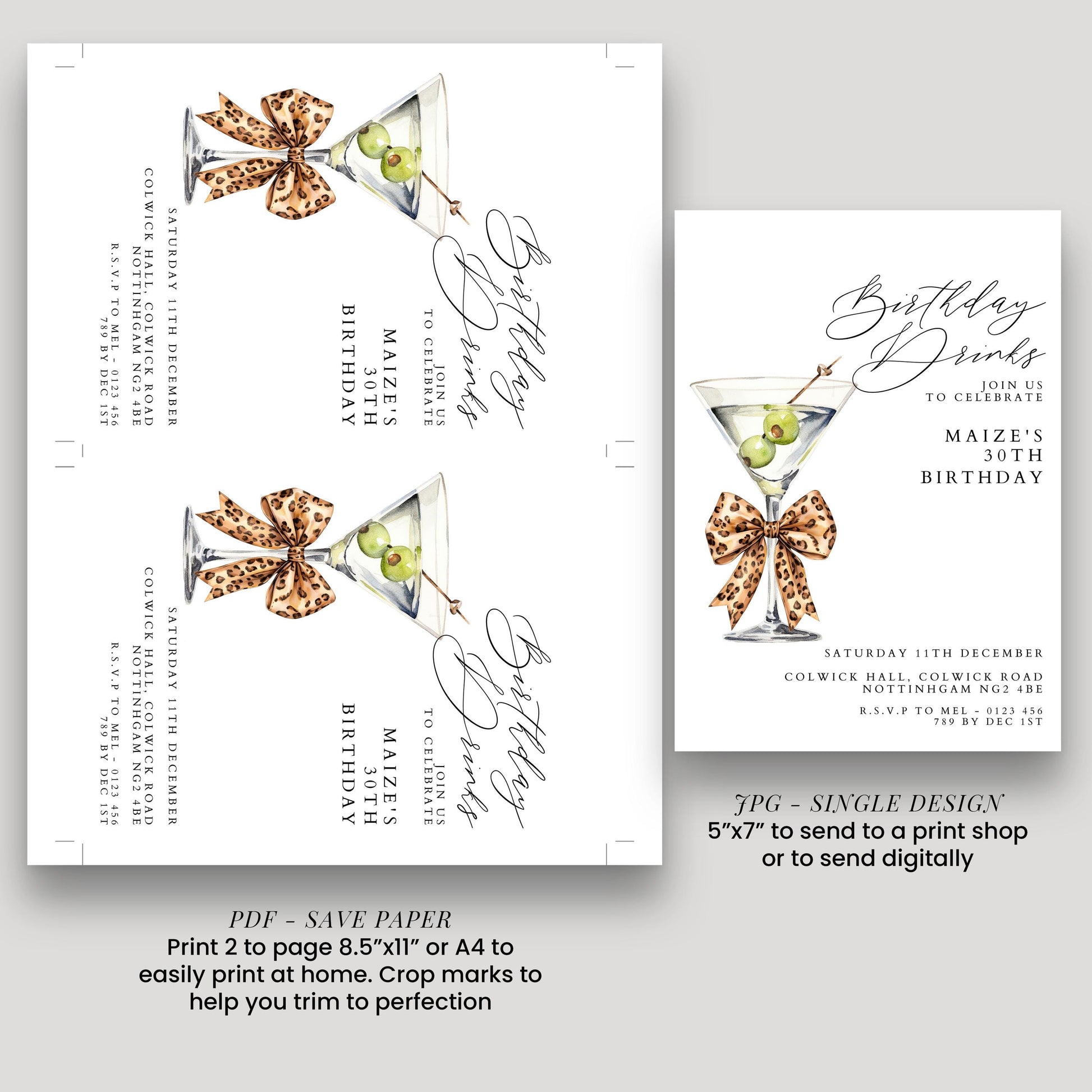 30th Birthday Drinks Invitation, Martini Party Invite, Leopard Bow Birthday Invite, Glam 30th Birthday Party, Editable Corjl